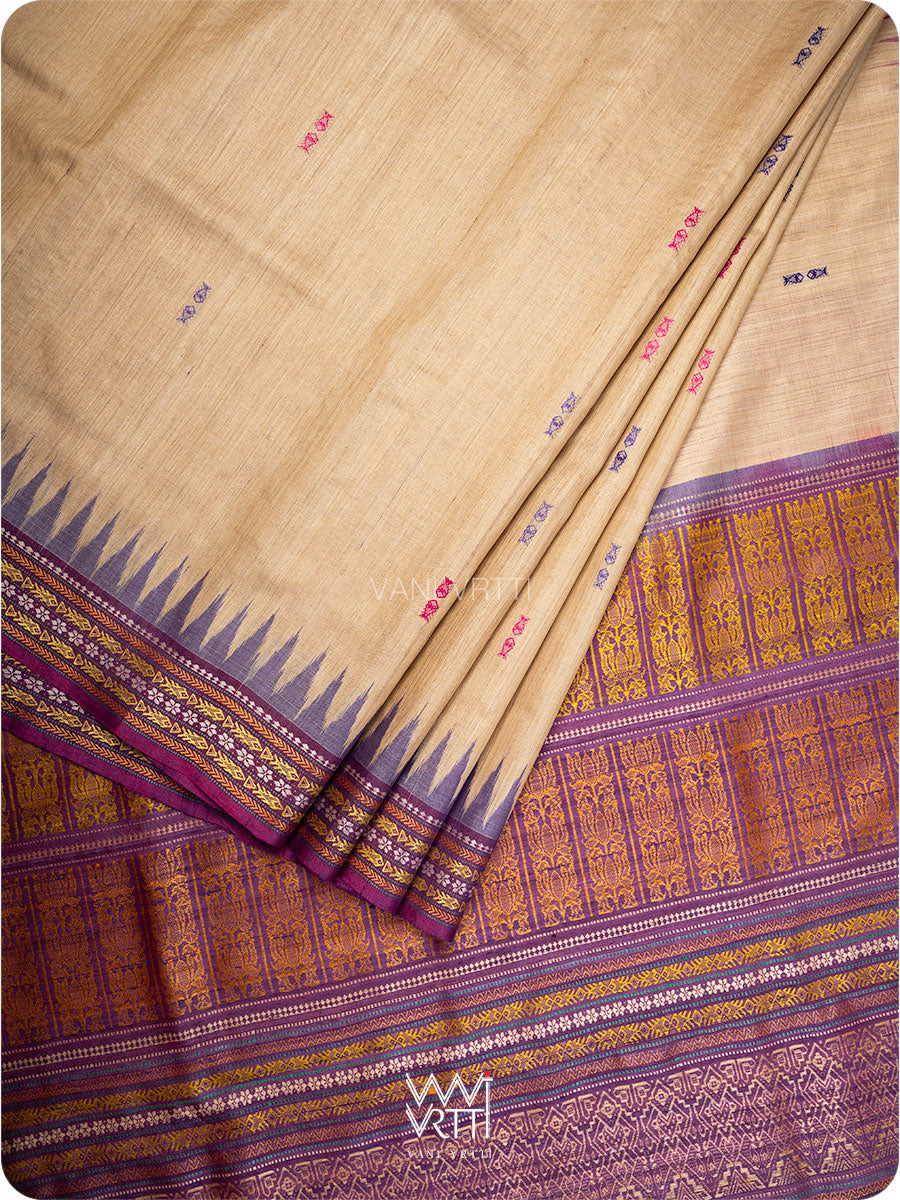 Off White Pink Purple Ganga Jamuna Ananta Handspun Tussar Silk Saree