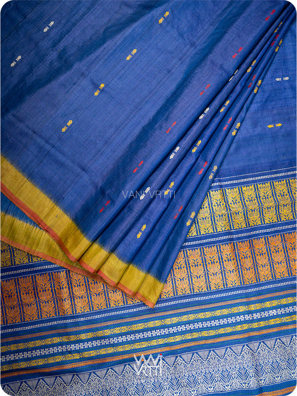 Royal Blue Mustard Ananta Handspun Tussar Silk Saree