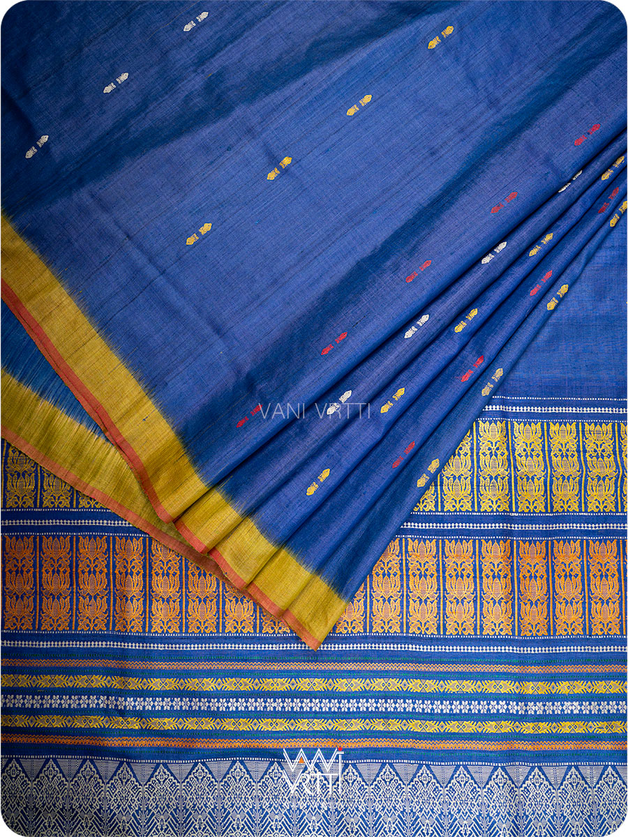 Royal Blue Mustard Ananta Handspun Tussar Silk Saree