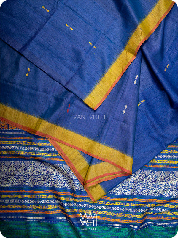 Royal Blue Mustard Ananta Handspun Tussar Silk Saree