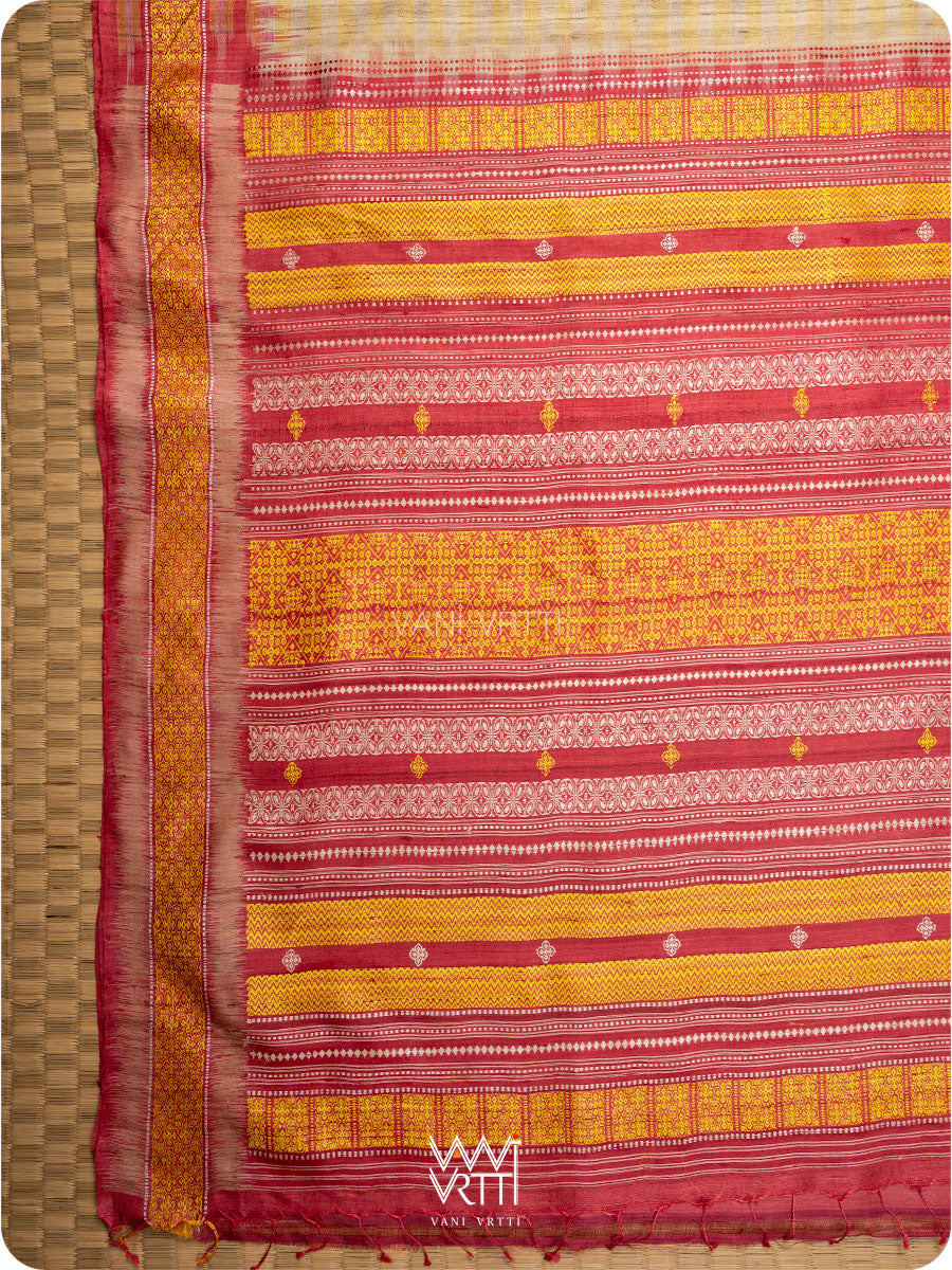 Offwhite stripes Kollam Red Exclusive Handspun Tussar Silk Saree
