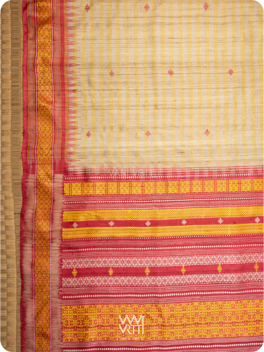 Offwhite stripes Kollam Red Exclusive Handspun Tussar Silk Saree