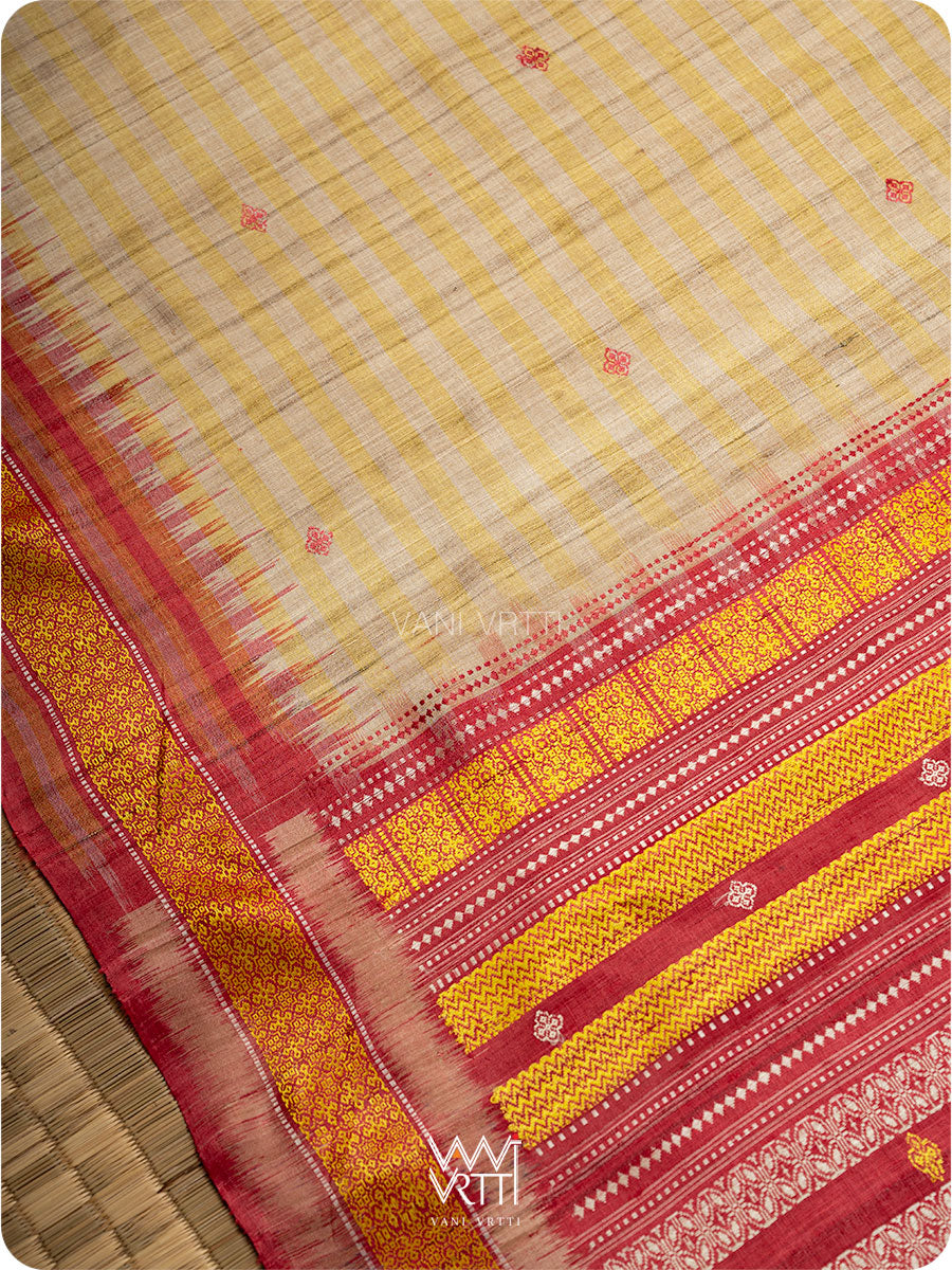 Offwhite stripes Kollam Red Exclusive Handspun Tussar Silk Saree