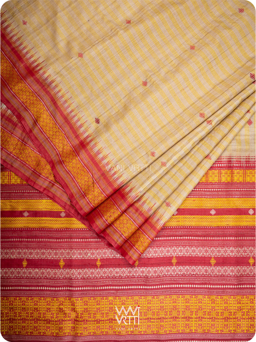 Offwhite stripes Kollam Red Exclusive Handspun Tussar Silk Saree