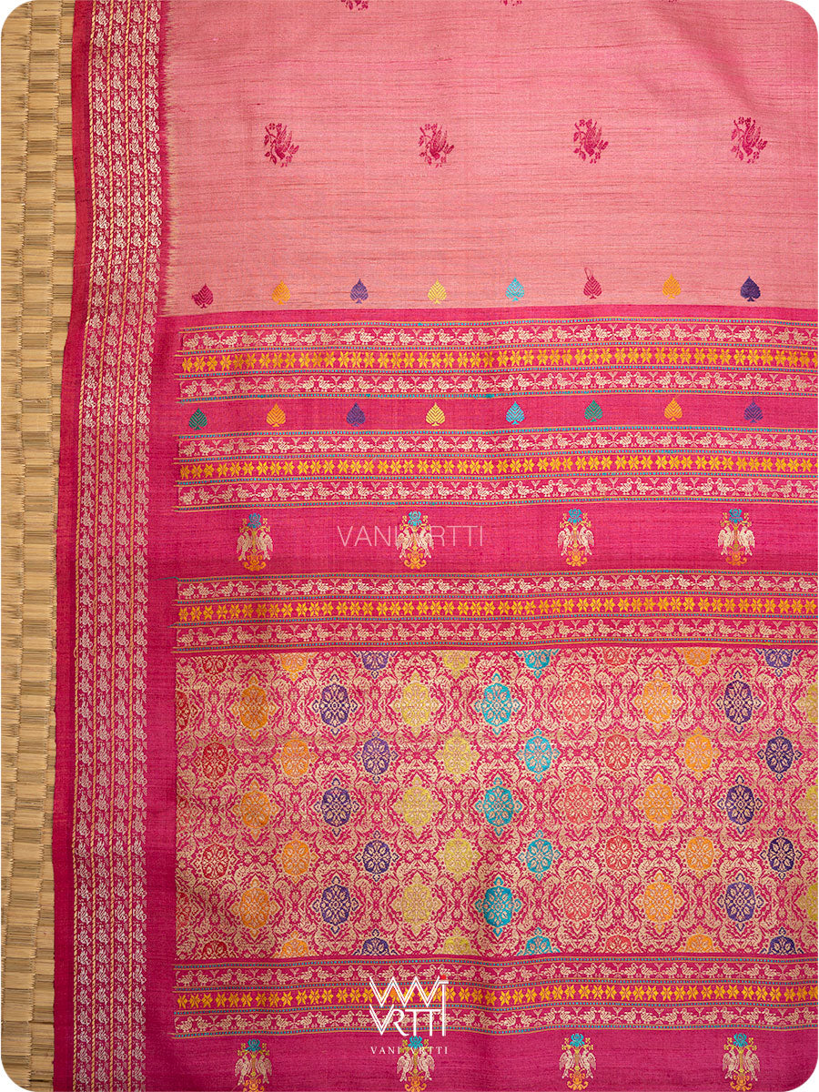Old Rose Pink Nightingale Master Weave Exclusive Handspun Tussar Silk Saree
