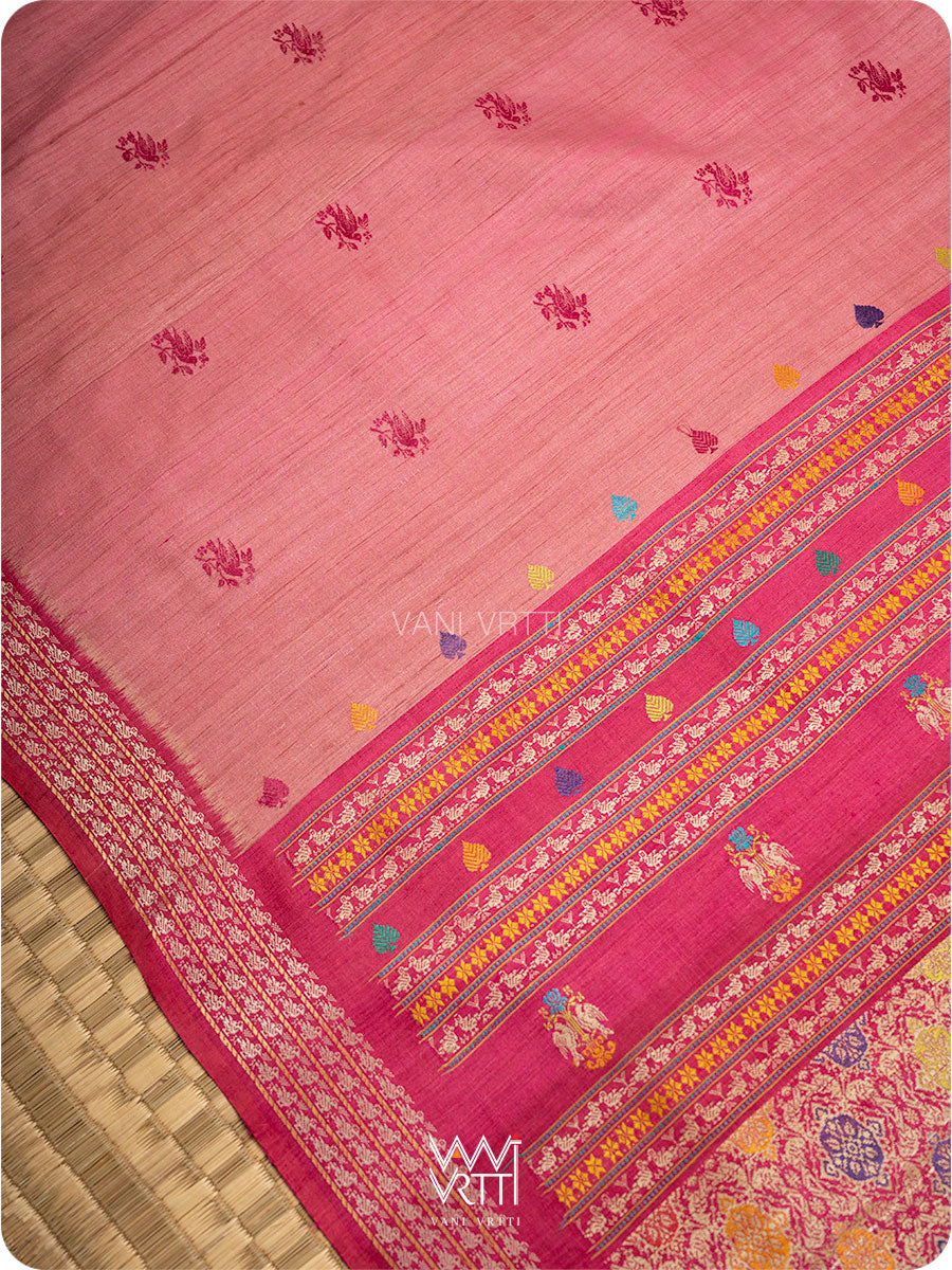 Old Rose Pink Nightingale Master Weave Exclusive Handspun Tussar Silk Saree