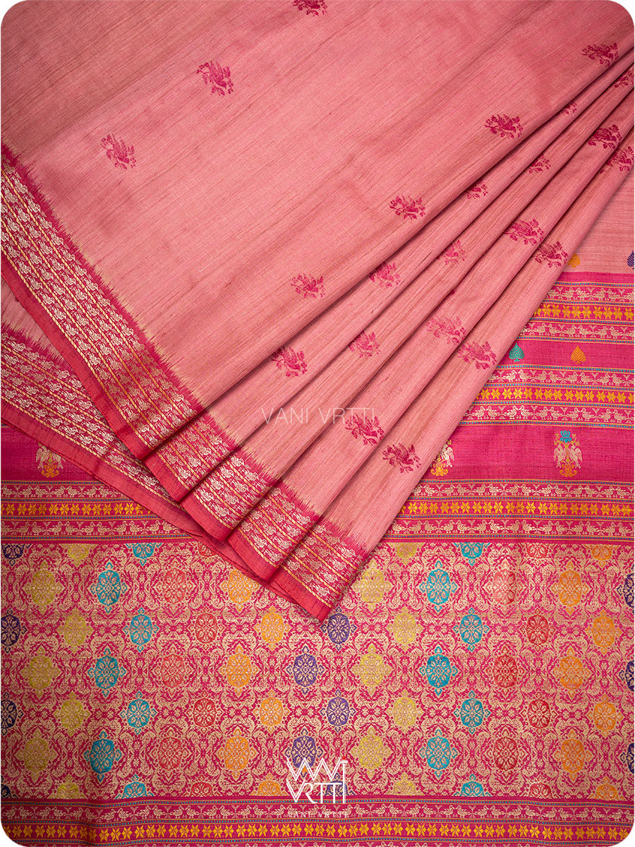 Old Rose Pink Nightingale Master Weave Exclusive Handspun Tussar Silk Saree