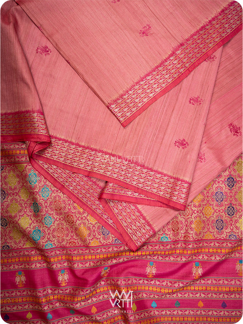 Old Rose Pink Nightingale Master Weave Exclusive Handspun Tussar Silk Saree