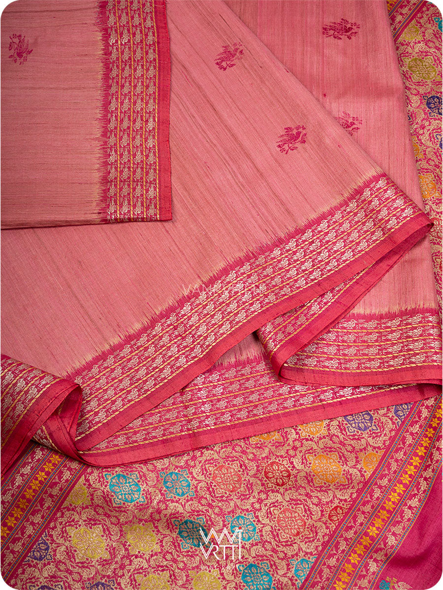 Old Rose Pink Nightingale Master Weave Exclusive Handspun Tussar Silk Saree