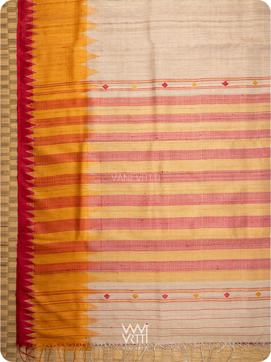 Off White Red Orange Sangam Bristi Handspun Tussar Silk Saree