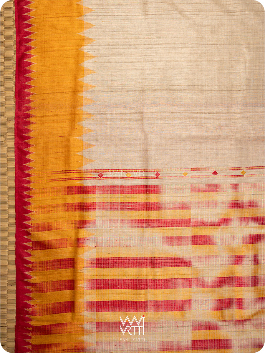 Off White Red Orange Sangam Bristi Handspun Tussar Silk Saree