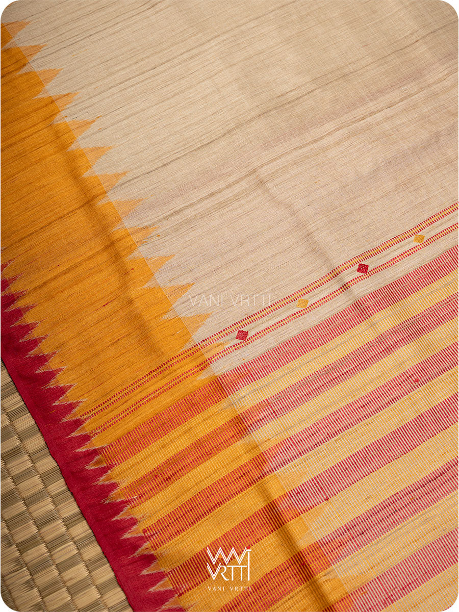 Off White Red Orange Sangam Bristi Handspun Tussar Silk Saree