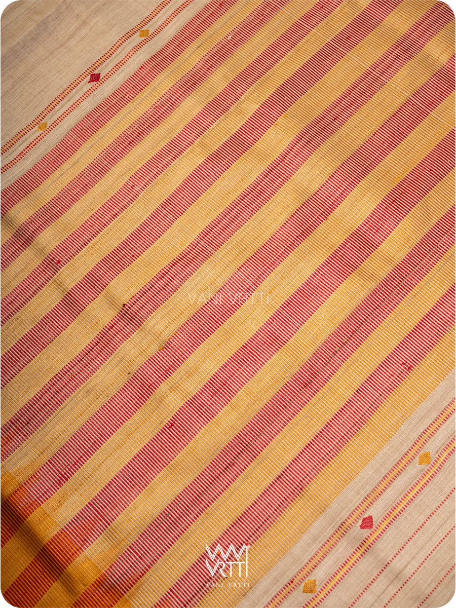 Off White Red Orange Sangam Bristi Handspun Tussar Silk Saree