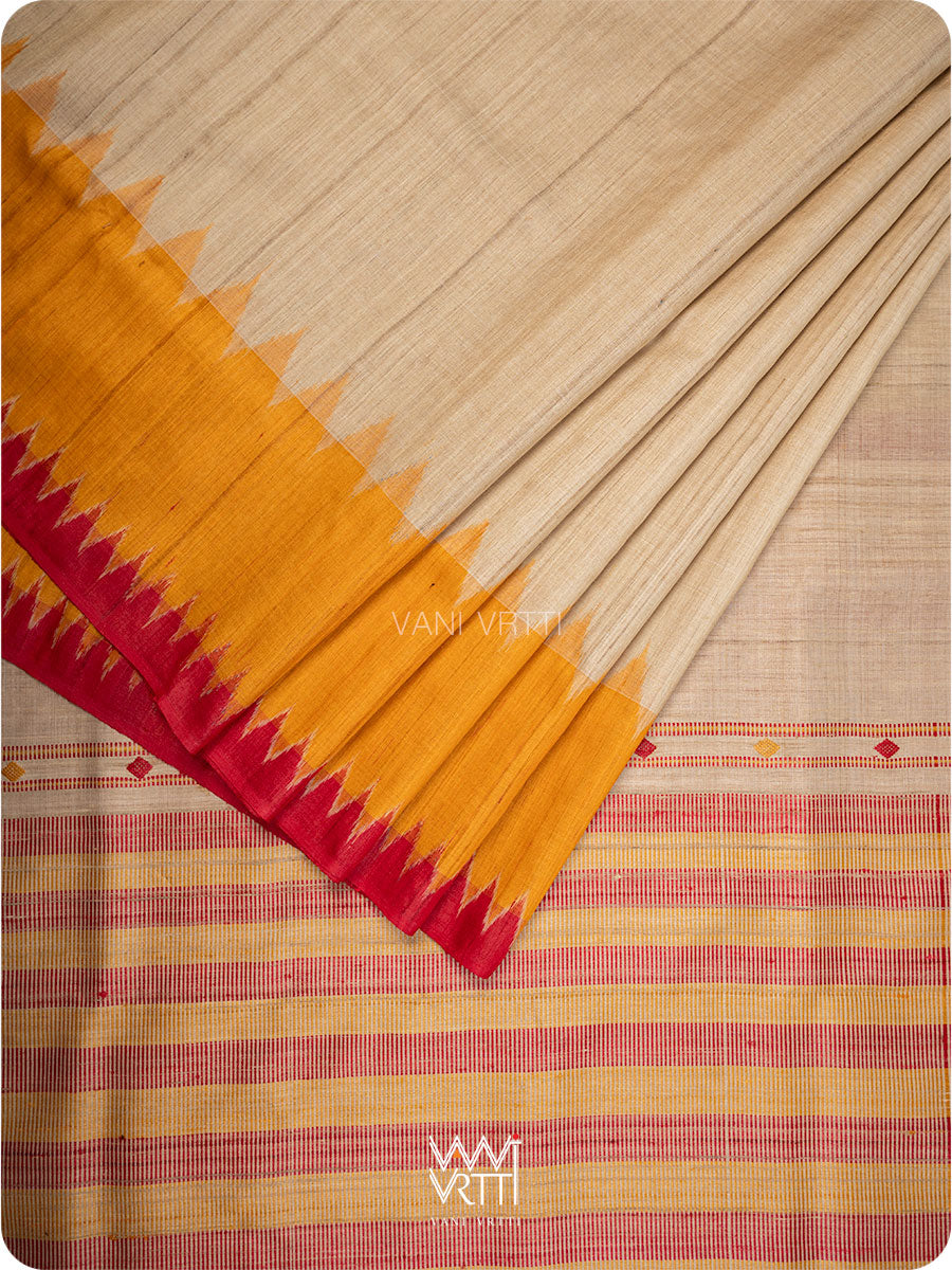 Off White Red Orange Sangam Bristi Handspun Tussar Silk Saree