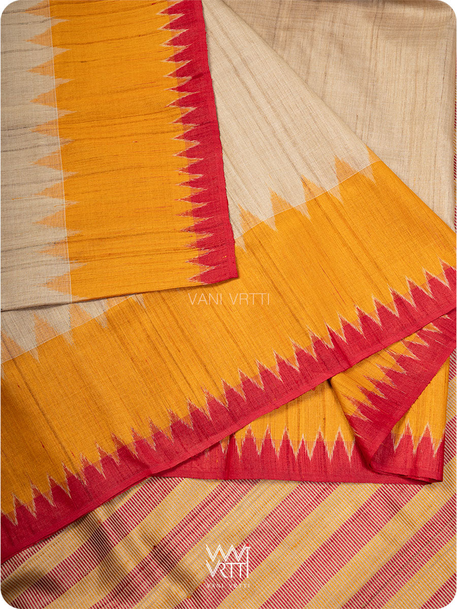 Off White Red Orange Sangam Bristi Handspun Tussar Silk Saree