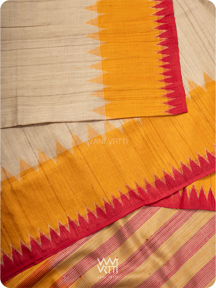 Off White Red Orange Sangam Bristi Handspun Tussar Silk Saree
