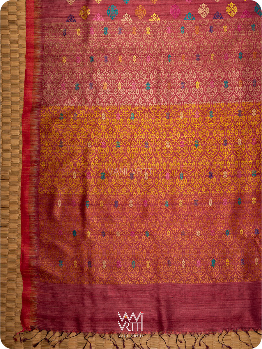 Maroon Mustard Parijat Handspun Tussar Silk Saree