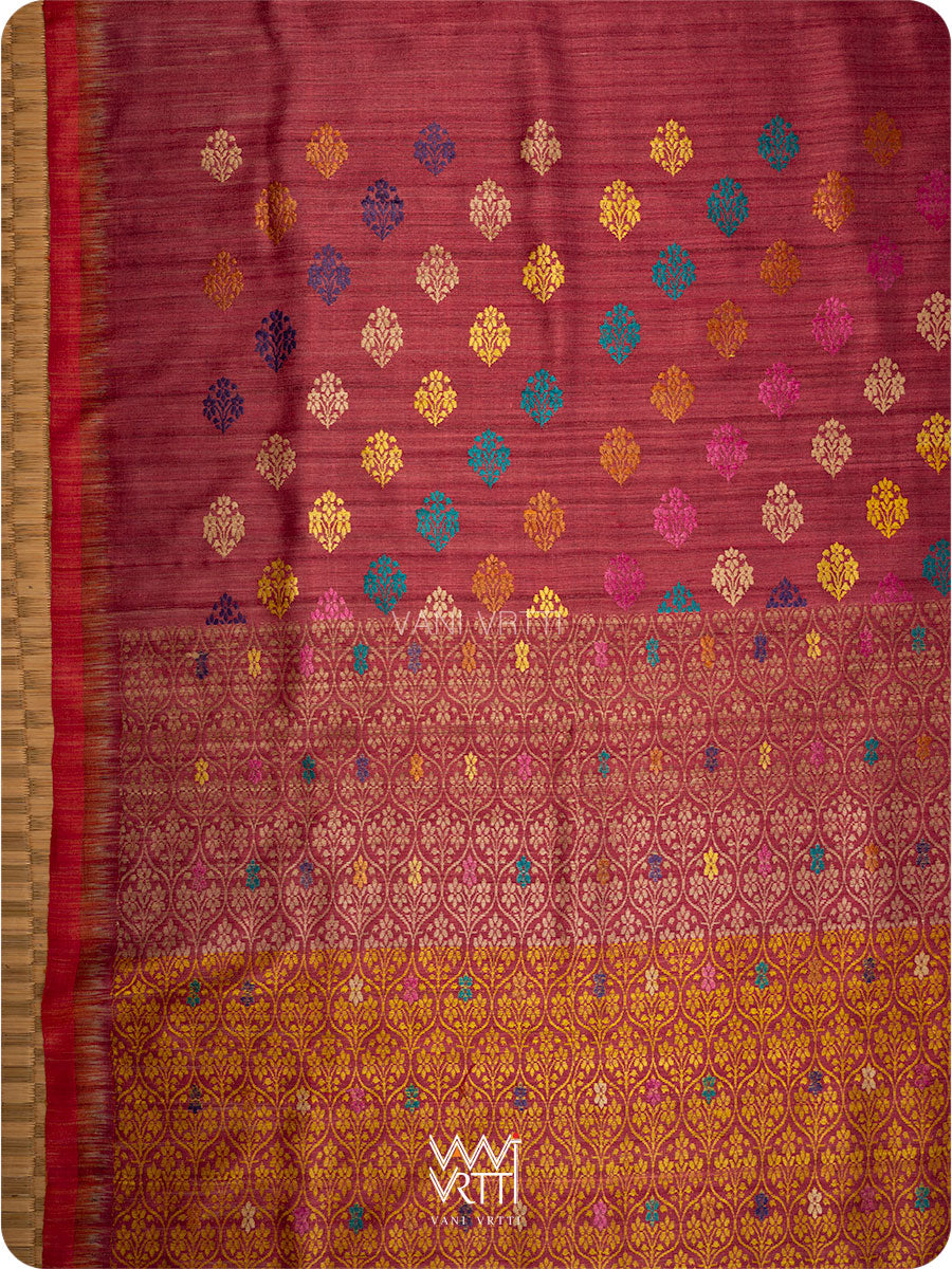 Maroon Mustard Parijat Handspun Tussar Silk Saree