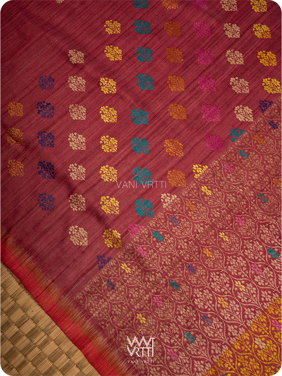 Maroon Mustard Parijat Handspun Tussar Silk Saree
