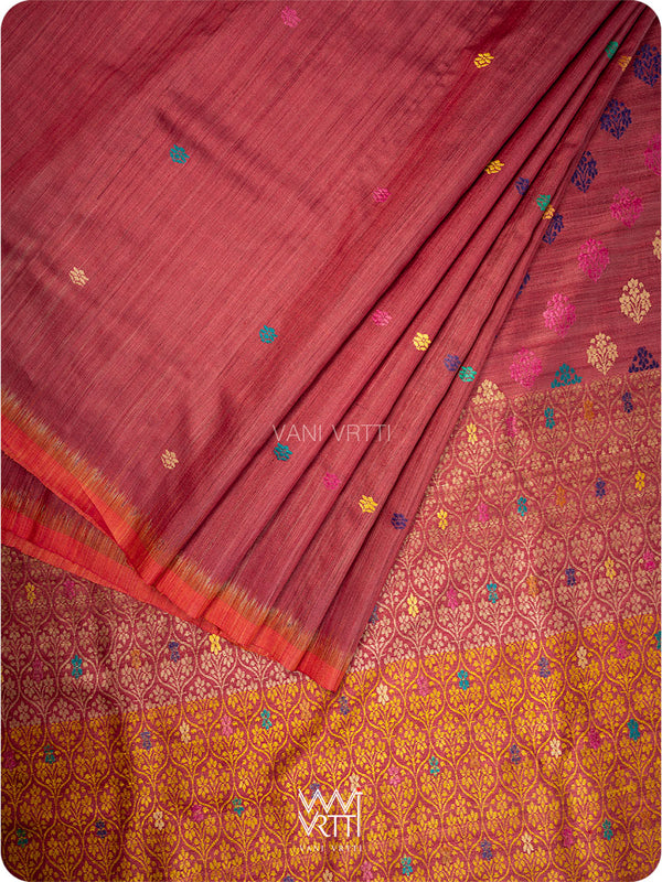 Maroon Mustard Parijat Handspun Tussar Silk Saree