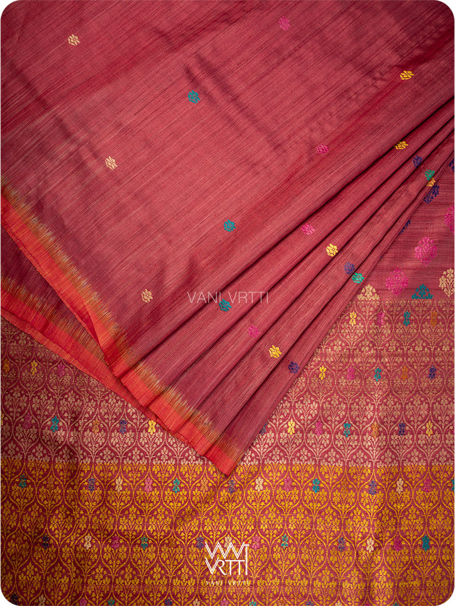 Maroon Mustard Parijat Handspun Tussar Silk Saree