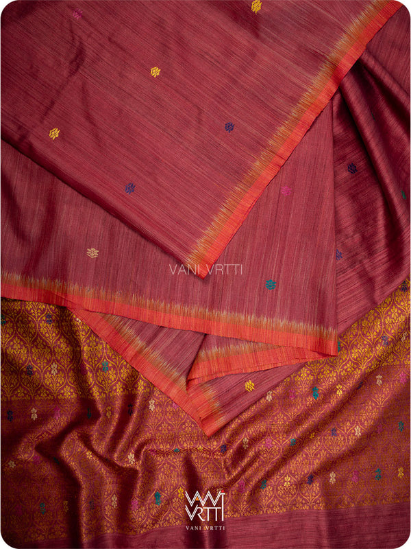 Maroon Mustard Parijat Handspun Tussar Silk Saree
