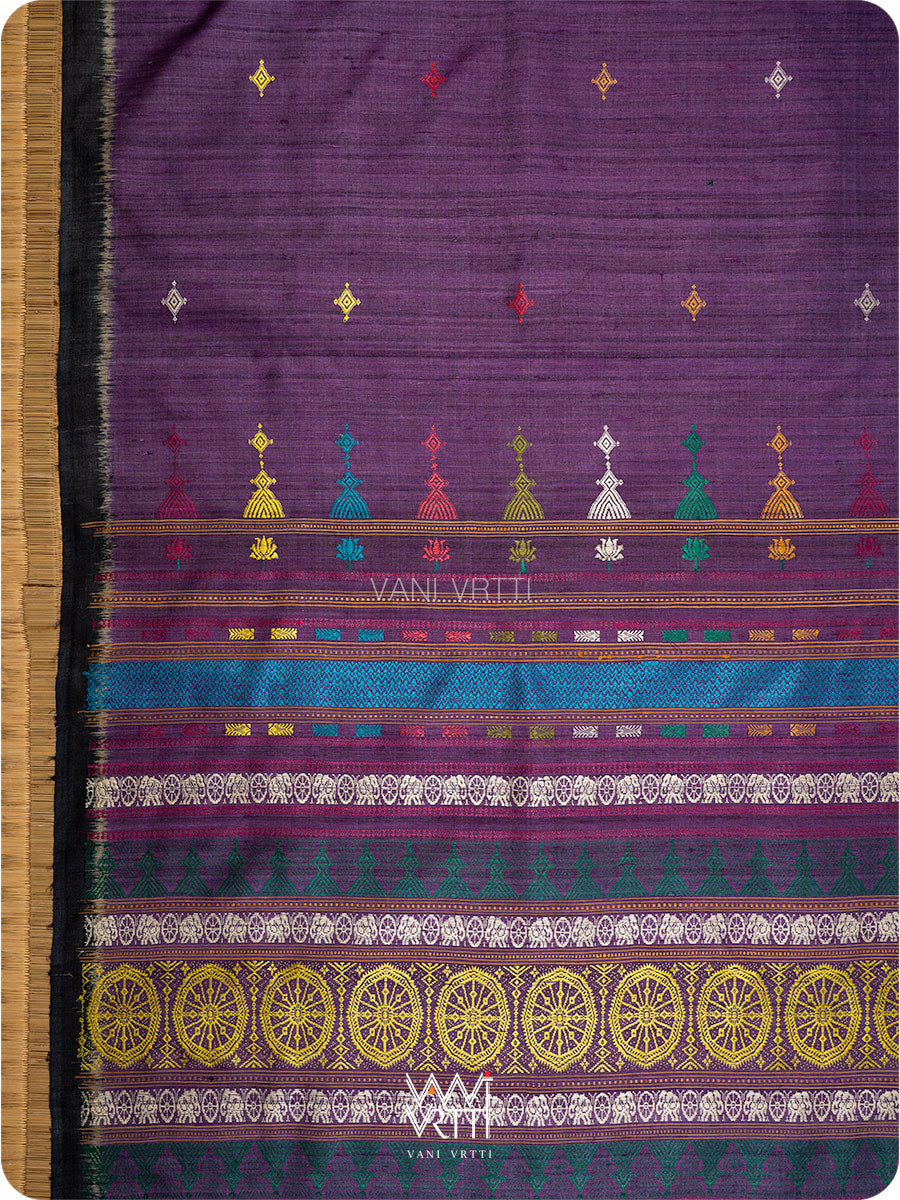 Pallu and body of deep baingani black tussar silk saree with Airavata border