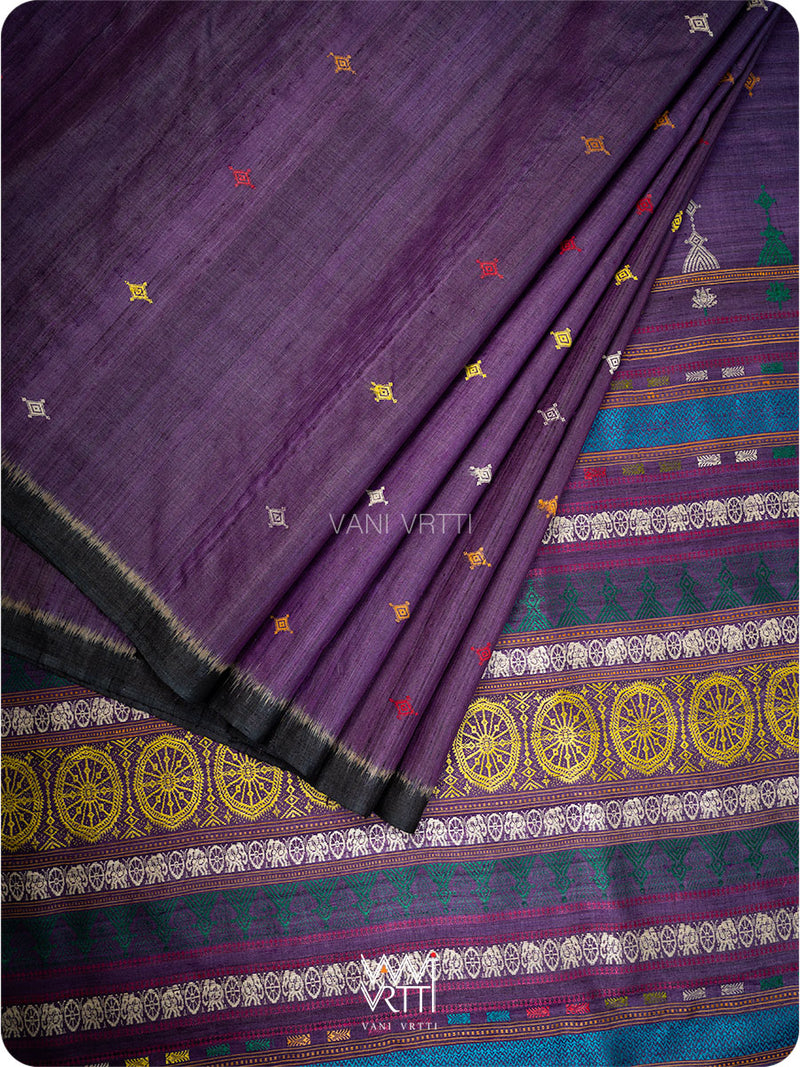 Deep baingani black handspun tussar silk saree in full view
