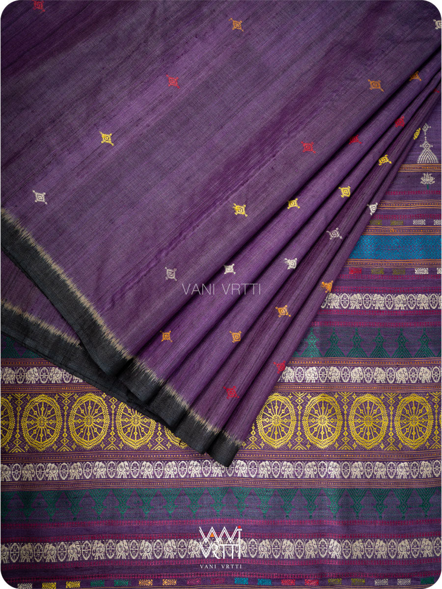 Folded deep baingani black tussar silk saree with Konark-inspired motifs