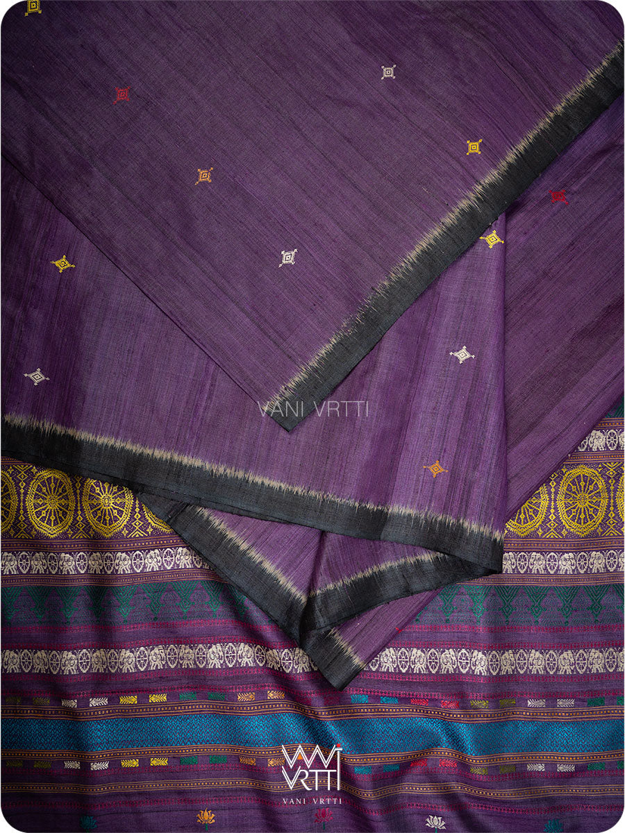 Border of Airavata elephant motifs in deep baingani black tussar silk