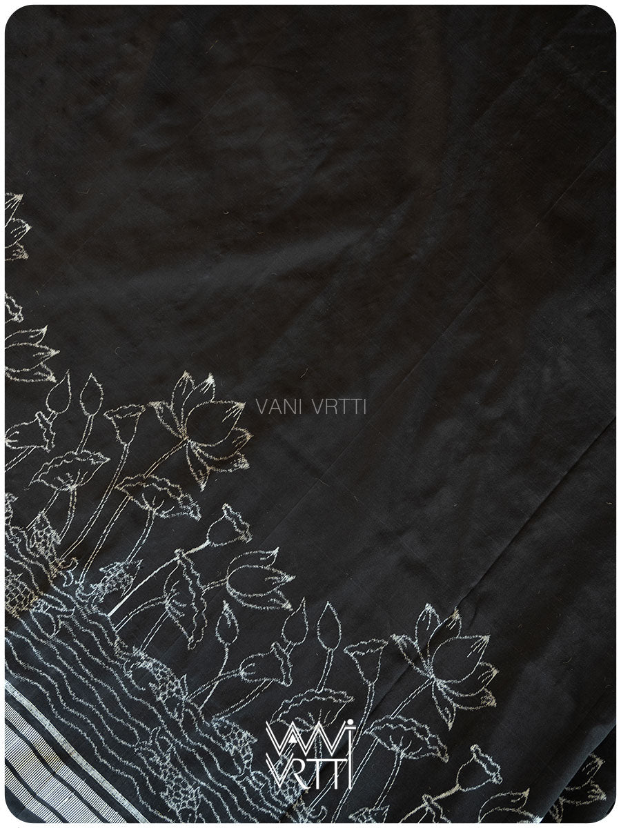 Black Lotus Pond Designer Pure Mulberry Silk Ikat Saree