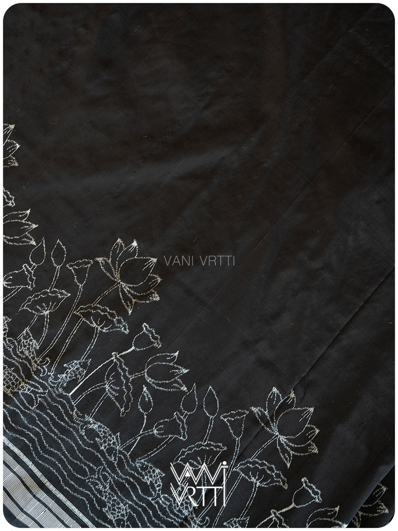 Black Lotus Pond Designer Pure Mulberry Silk Ikat Saree