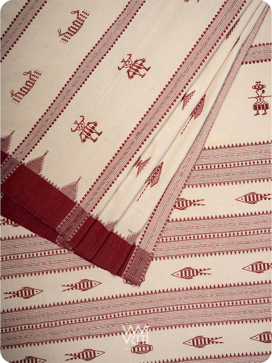 White Madder Maroon Tribal Masterweave Kotpad Sari