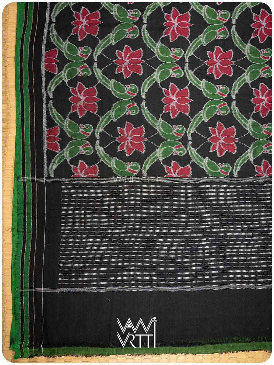 Black Lotus Parrot Fine Cotton Ikat Saree