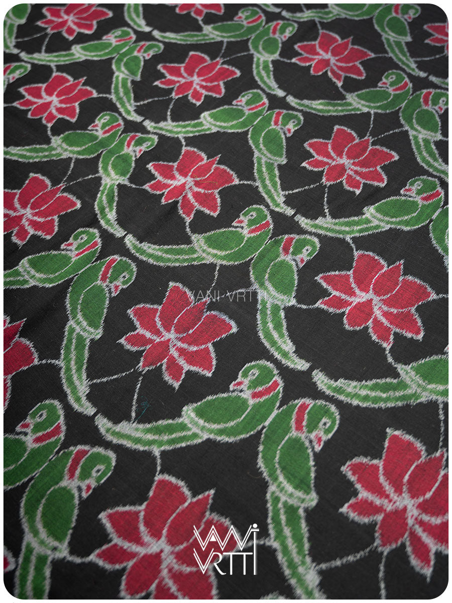 Black Lotus Parrot Fine Cotton Ikat Saree