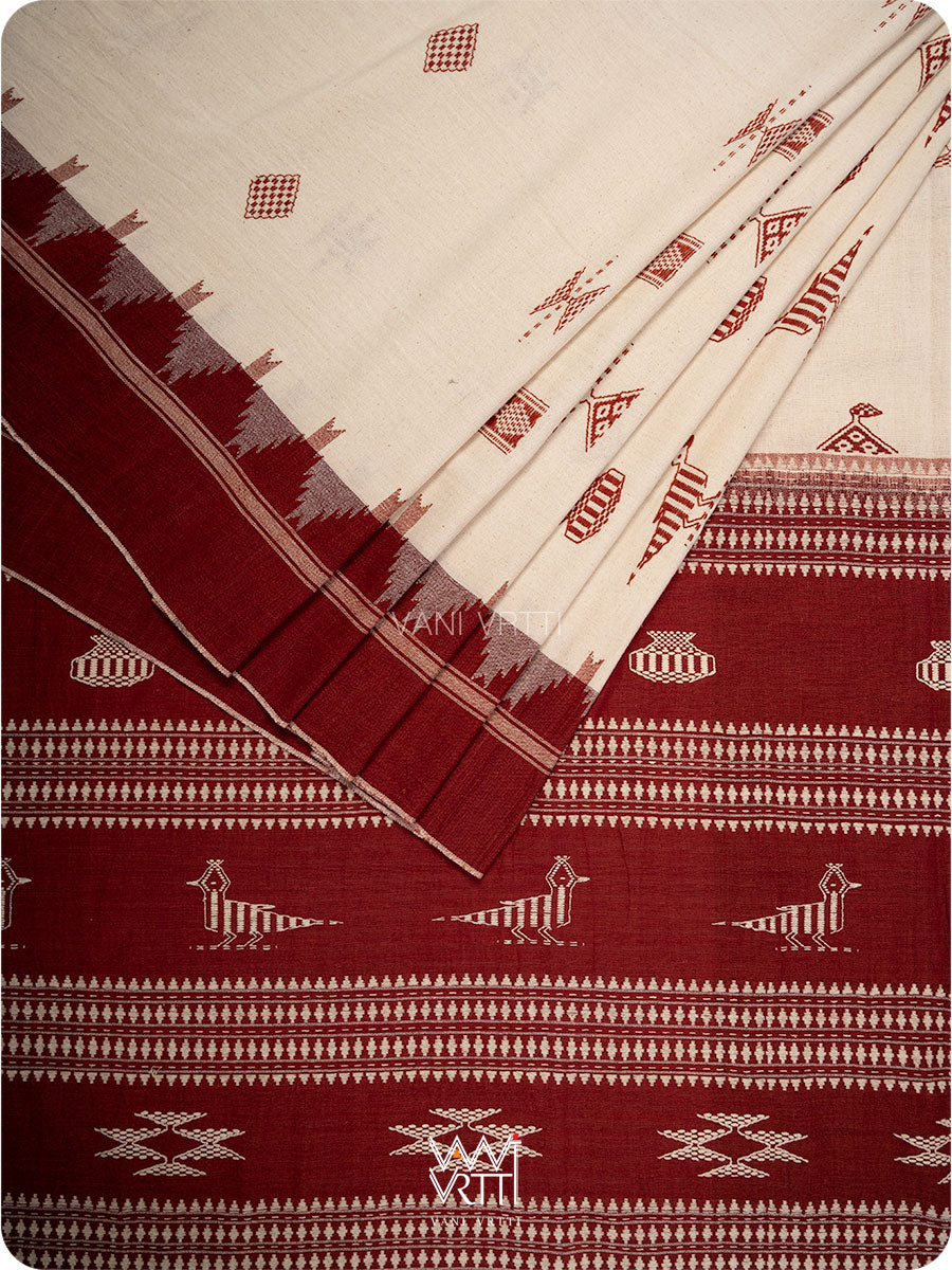 White Madder Maroon Masterweave Bird Cotton Kotpad Sari