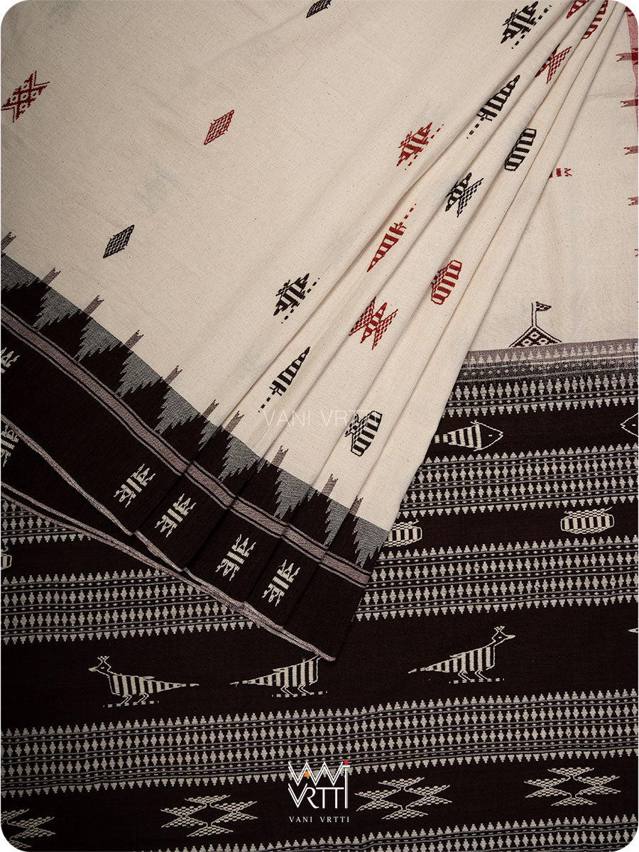 White Black Madder Maroon Bird Masterweave Cotton Kotpad Sari