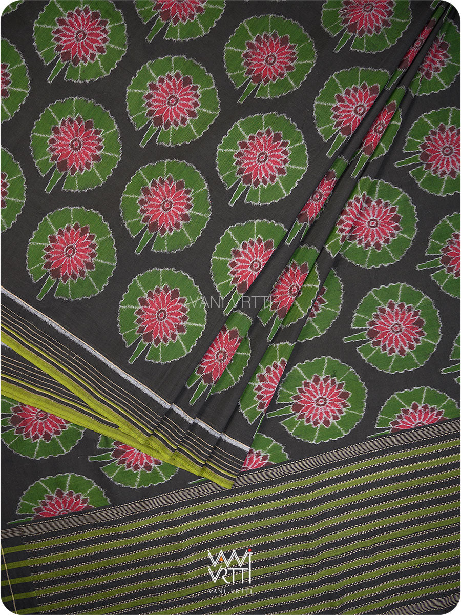 Black Green Lily Pond Cotton Ikat Saree