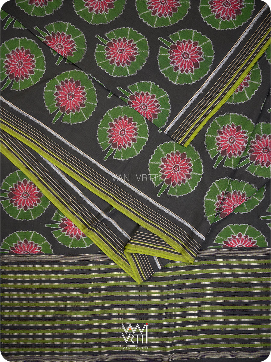 Black Green Lily Pond Cotton Ikat Saree