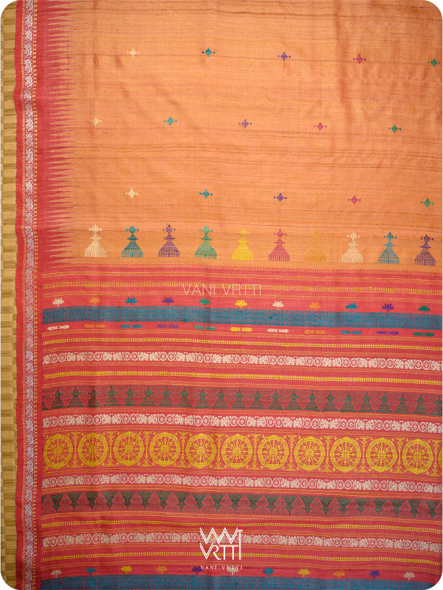 Rust Orange Red Airavata Konark Double Palla Handspun Tussar Silk Saree