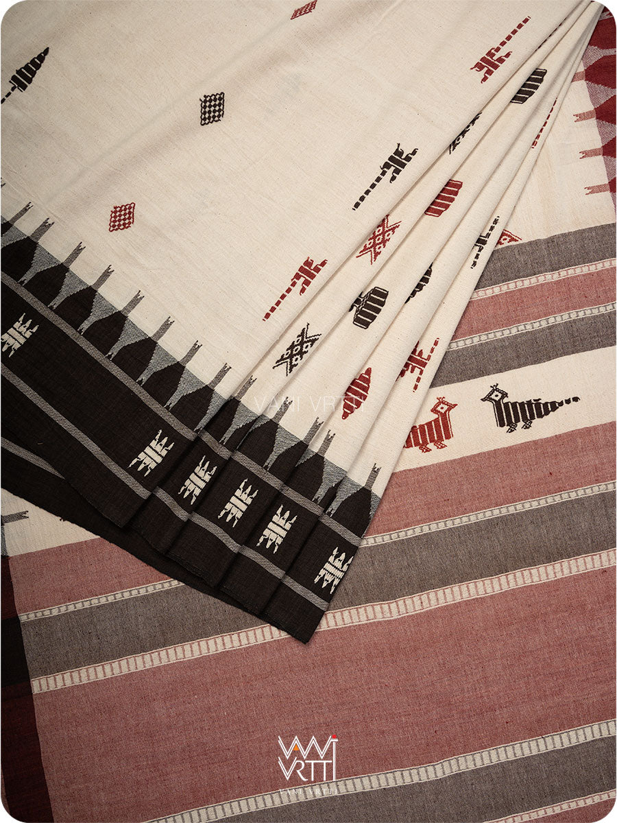 White Black Madder Ganga Jamuna Fish Motif Cotton Kotpad Sari