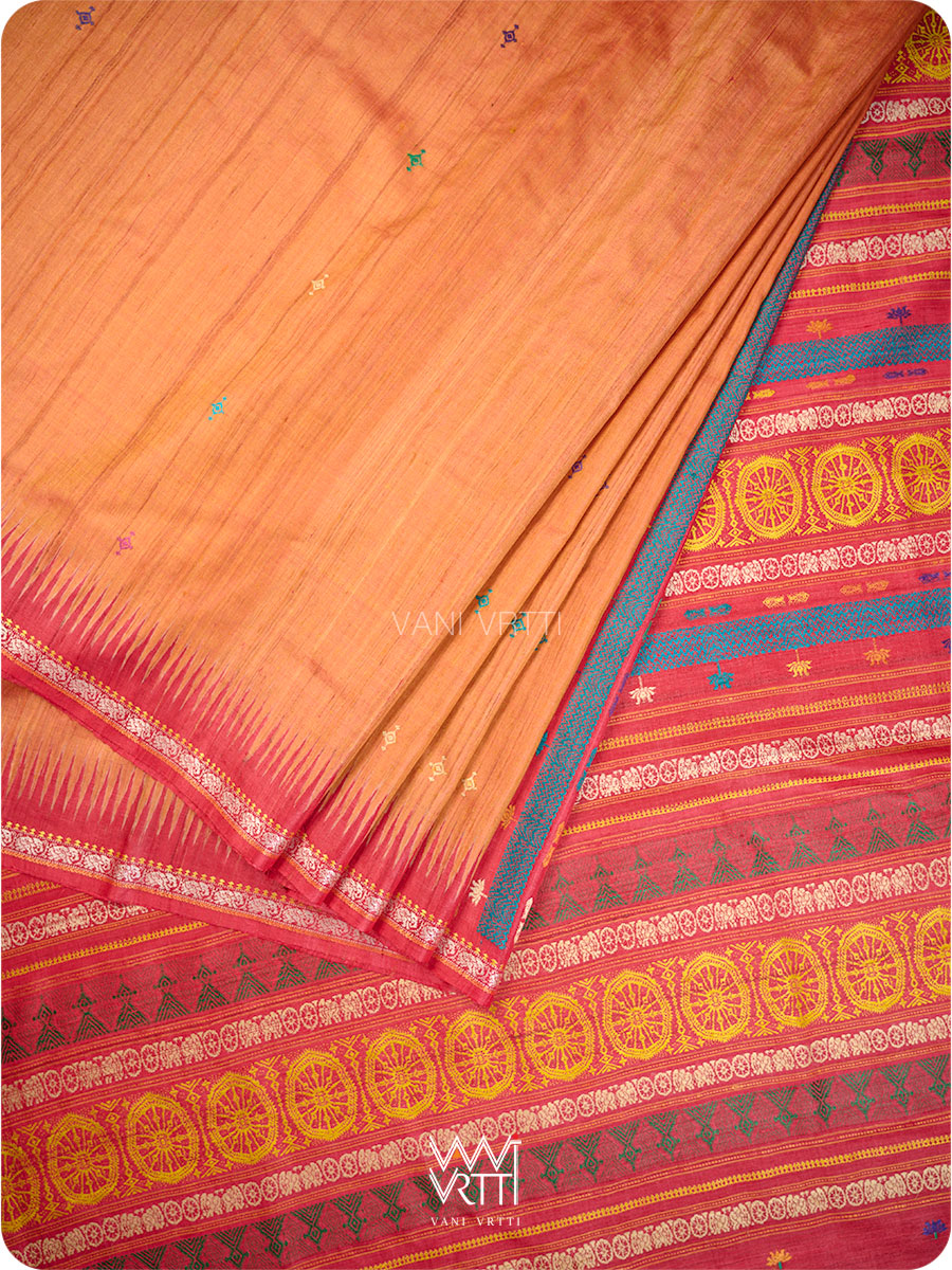 Rust Orange Red Airavata Konark Double Palla Handspun Tussar Silk Saree