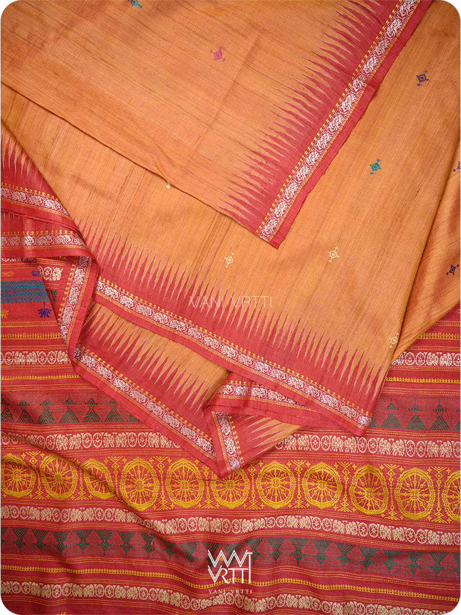 Rust Orange Red Airavata Konark Double Palla Handspun Tussar Silk Saree