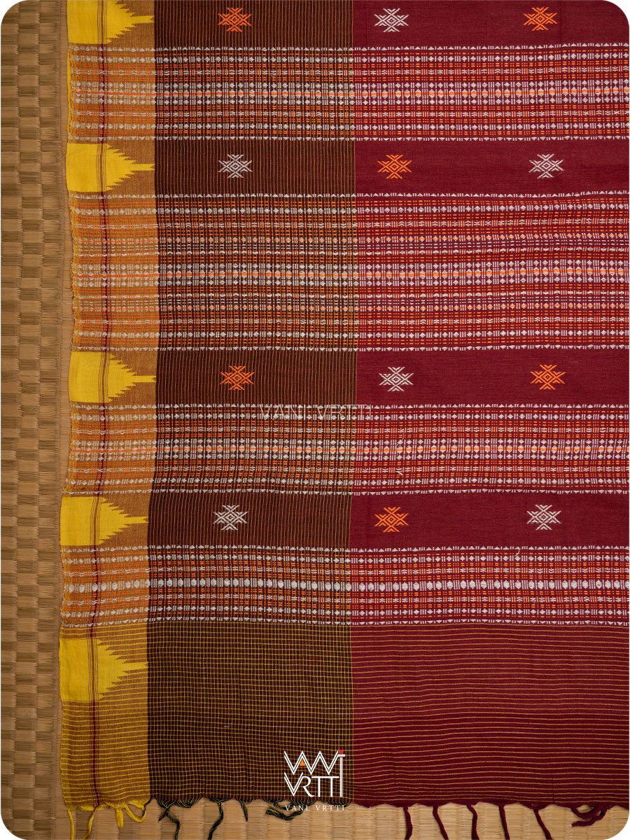 Madder Red Brown Yellow Small Checks Cotton Kotpad Sari
