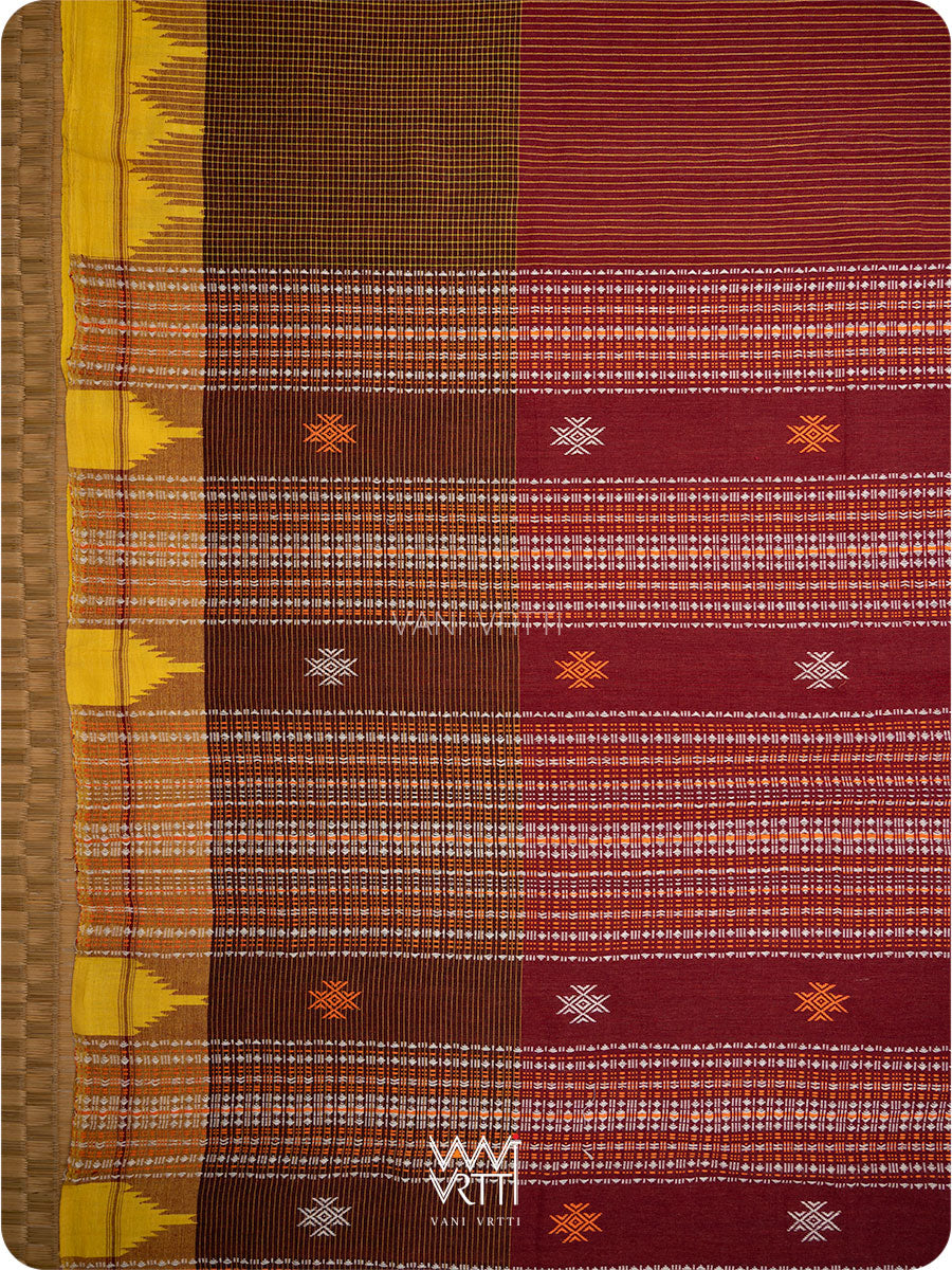 Madder Red Brown Yellow Small Checks Cotton Kotpad Sari