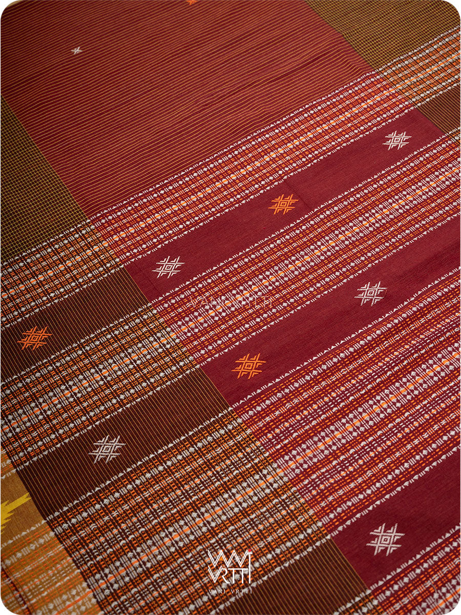 Madder Red Brown Yellow Small Checks Cotton Kotpad Sari