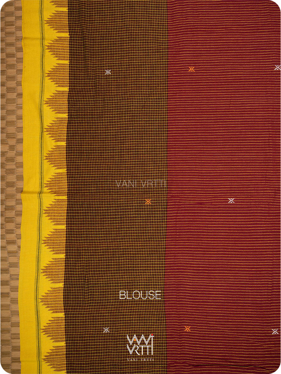 Madder Red Brown Yellow Small Checks Cotton Kotpad Sari