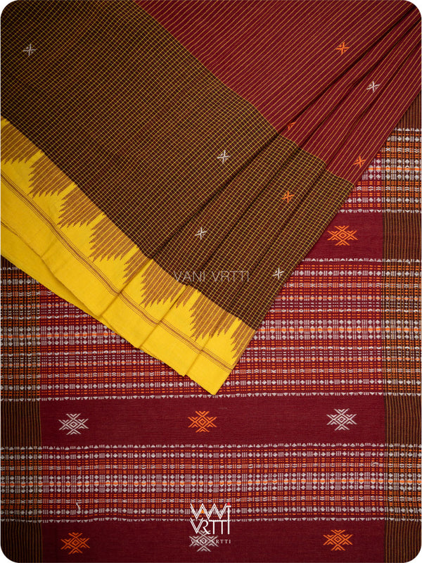 Madder Red Brown Yellow Small Checks Cotton Kotpad Sari
