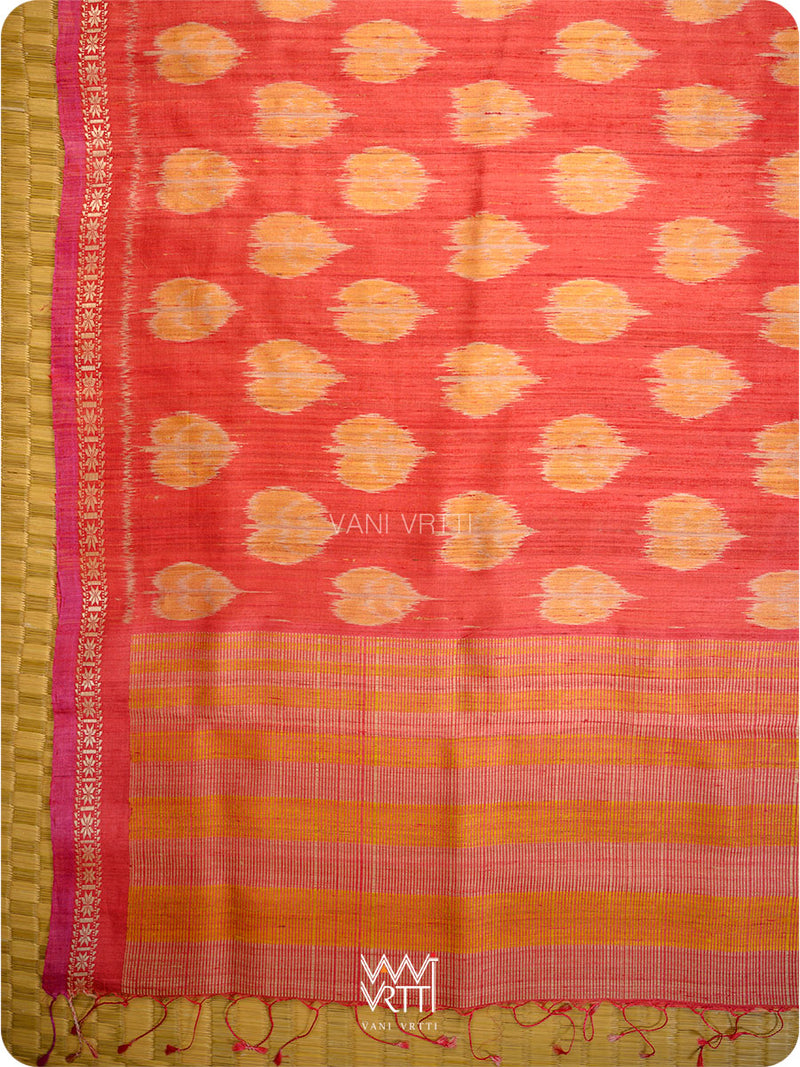 Red Peepal Ikat Handspun Tussar Silk Saree
