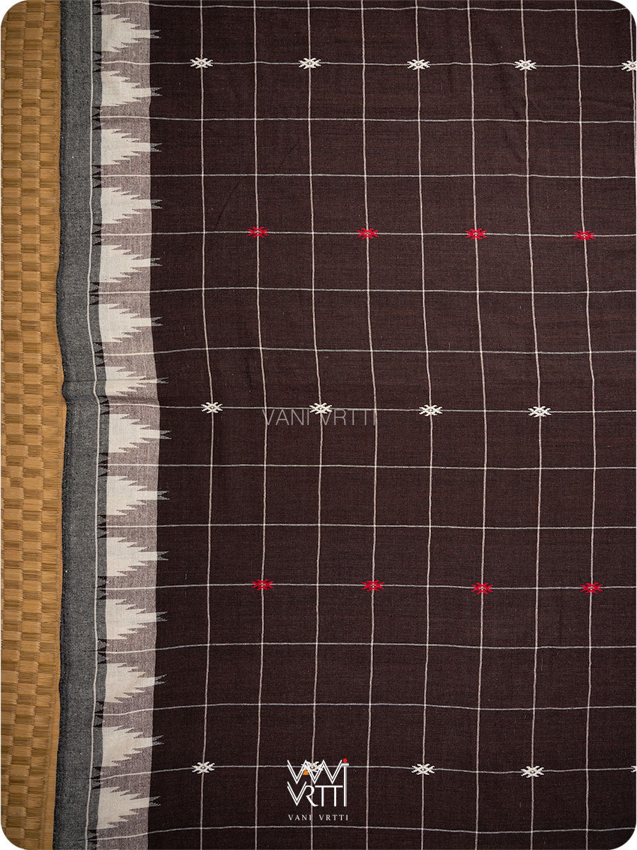 Deep Coffee Checks Peacock Cotton Kotpad Sari